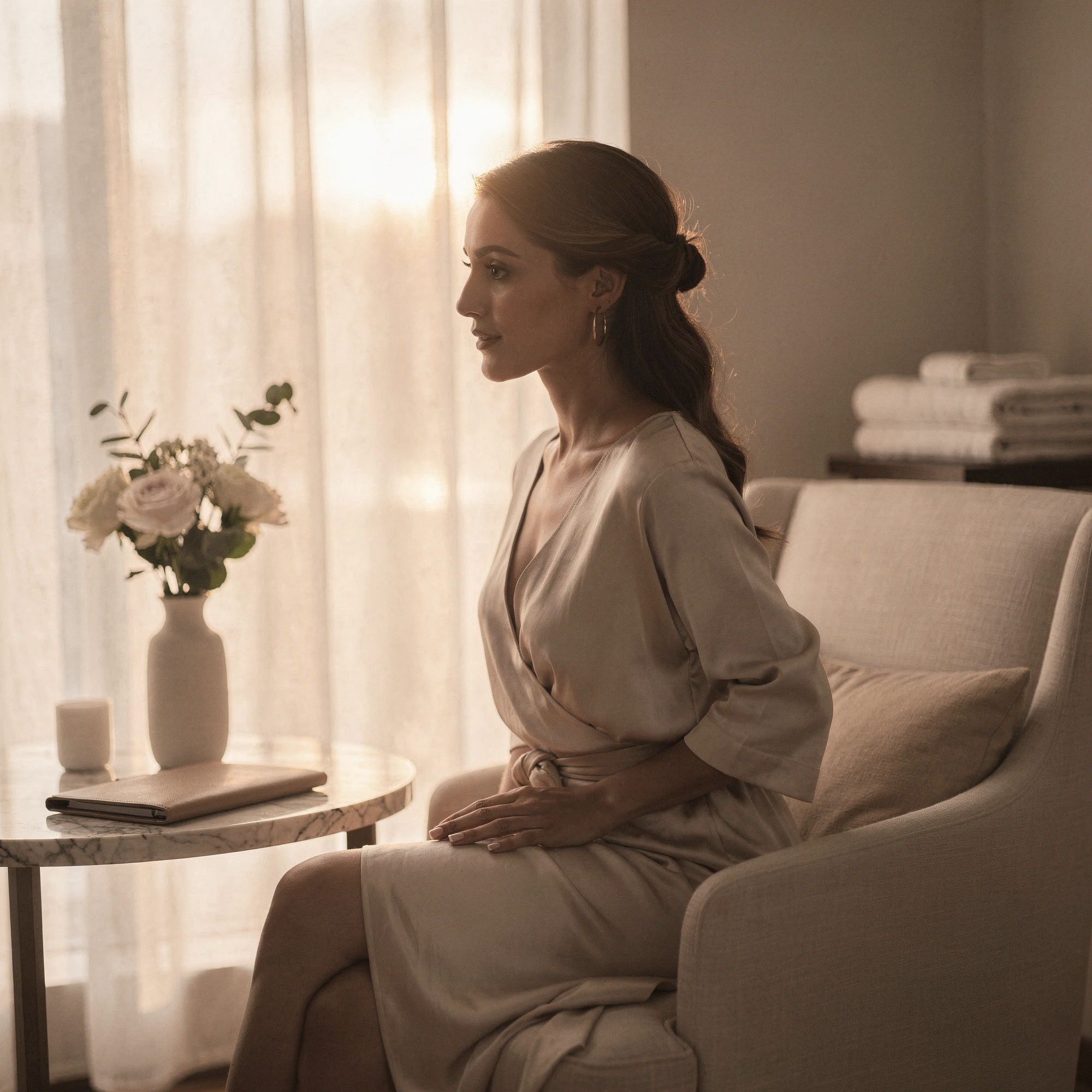 Woman in a beige robe sitting in a consultation room with soft natural lighting and flowers